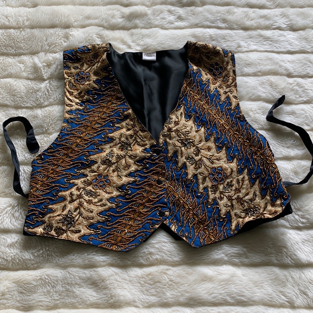 Vintage 80s beaded sleeveless black satin fancy VEST jacket L
